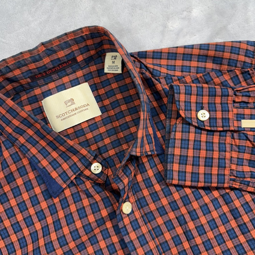 Scotch & Soda Shirt Mens Medium Blue Orange Plaid Long Sleeve Luxury Garments
